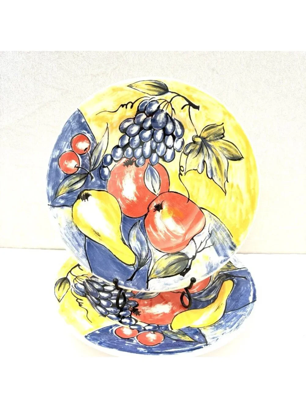 PIER 1 Italy Pasta Bowls Set of 2 Hand Painted Fruit Yellow 9” Vintage